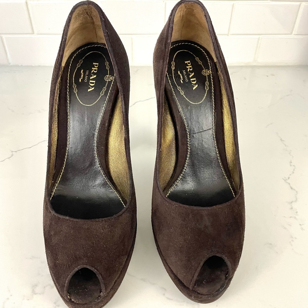 Prada Brown Suede Peep Toe Pumps